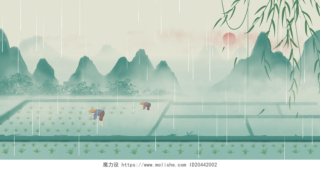 春天清明清明节节气谷雨清明中国风山水画田园插画海报背景